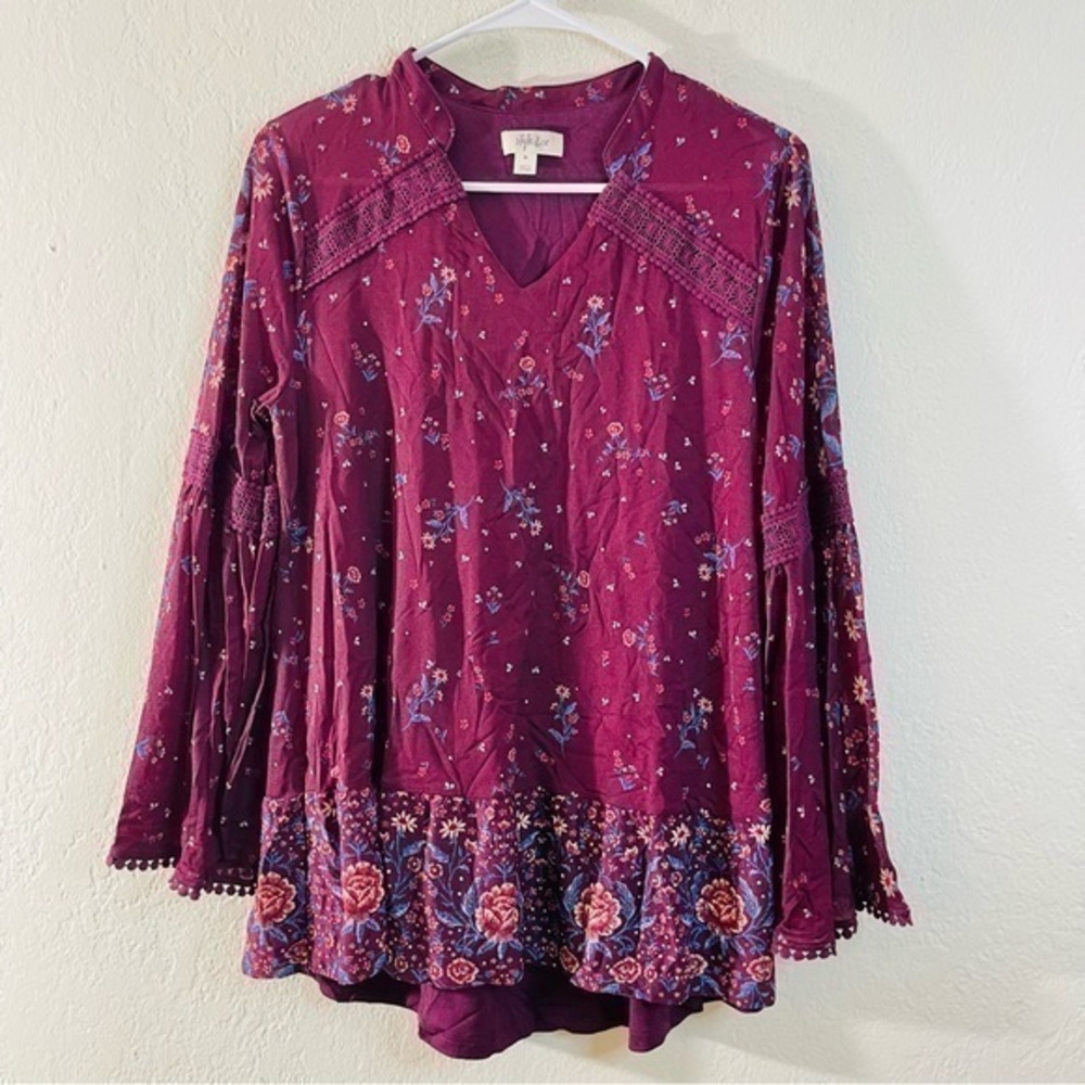 Style & Co Floral Print V-Neck Boho Top Women Size Medium Red/Blue